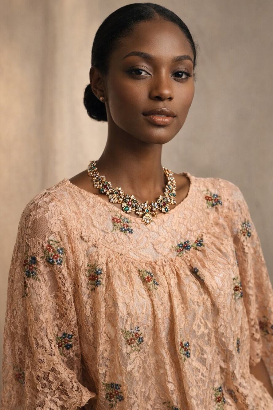 Beige Peach Lace Blouse with Embroidered Flowers, Sheer Top